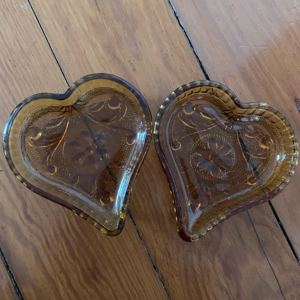 Vintage glass heart shaped dish set of 2